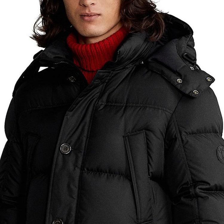 Polo Ralph Lauren Solid Color Detachable Hood Mid-Length Down Jacket Men Outerwear Black 710920515-002