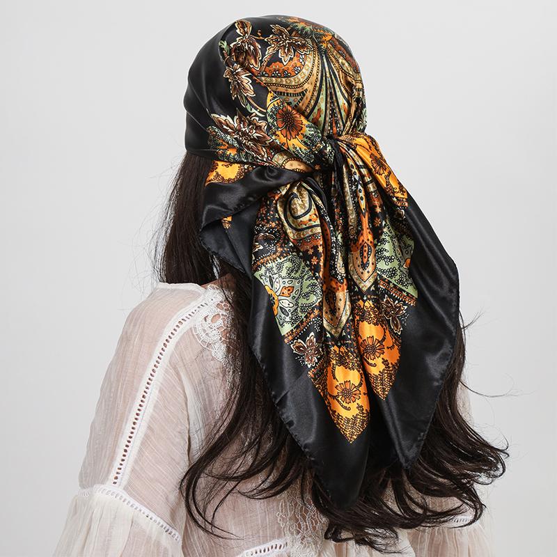 90*90cm Women Hijab Satin Square Scarf Paisley Cashew Print Silk Scarf Neckerchief Shawl Wraps Headband Hair Accessories Bandana