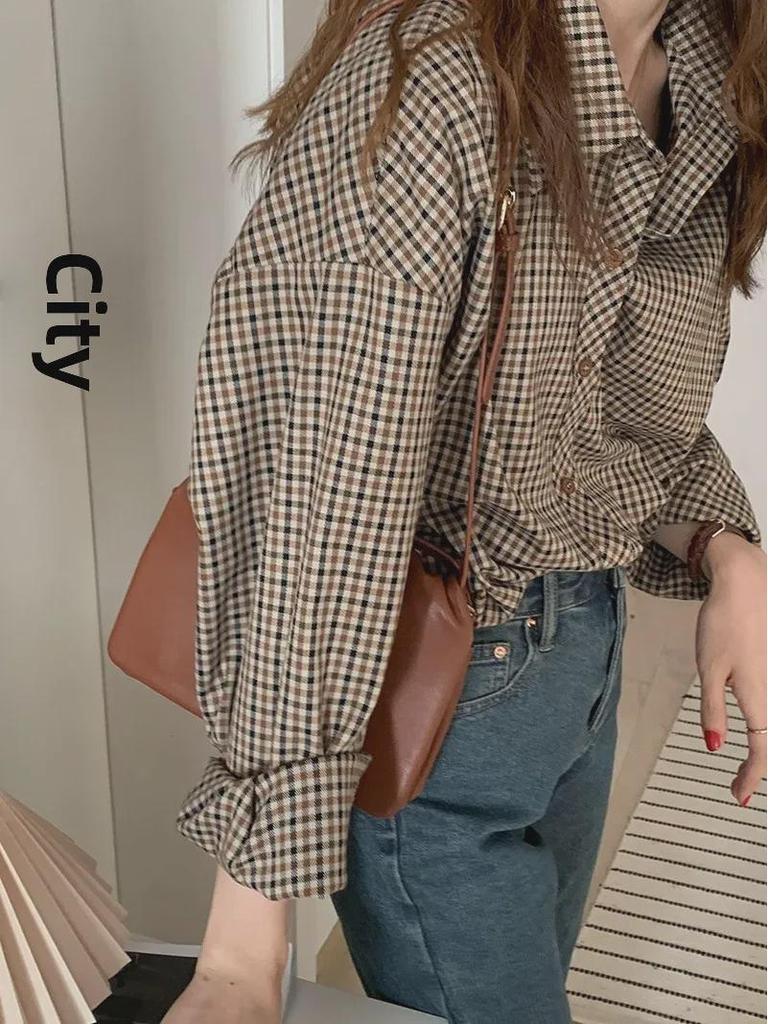 Women's Autumn Brown Plaid Korean-Style Loose Long Sleeve Shirt