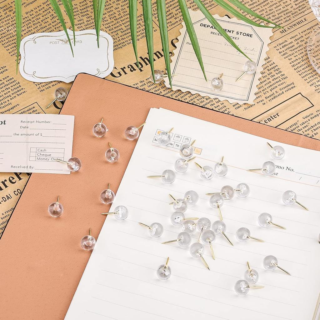 AIEX 100pcs Clear Round Push P, Gold Ball Push P with Storage Box Round Thumb Tacks Bulk for Daily Study Office Data Storage Organizing Files (Gold)