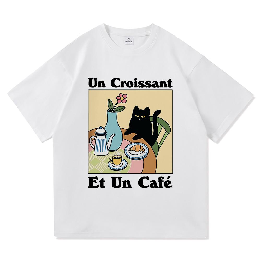 Vintage French Cafe Cat T Shirt Fashion Men/Women Funny Letter Un Croissant Et Un Cafe T-Shirt High Quality Cotton Tees Shirts