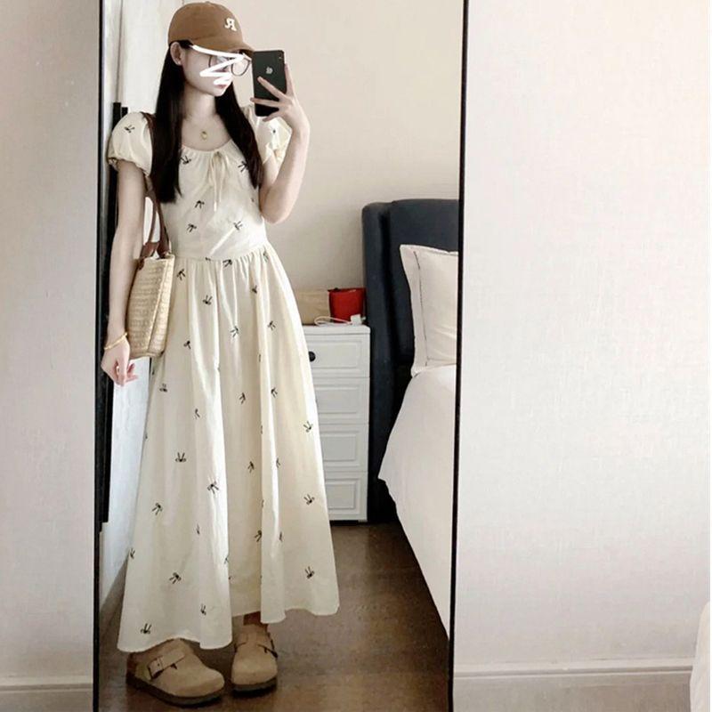 New Gentle French Lace-up Bubble Dress, Summer Waist Temperament, Thin Delivery Within Days, Printed Dress