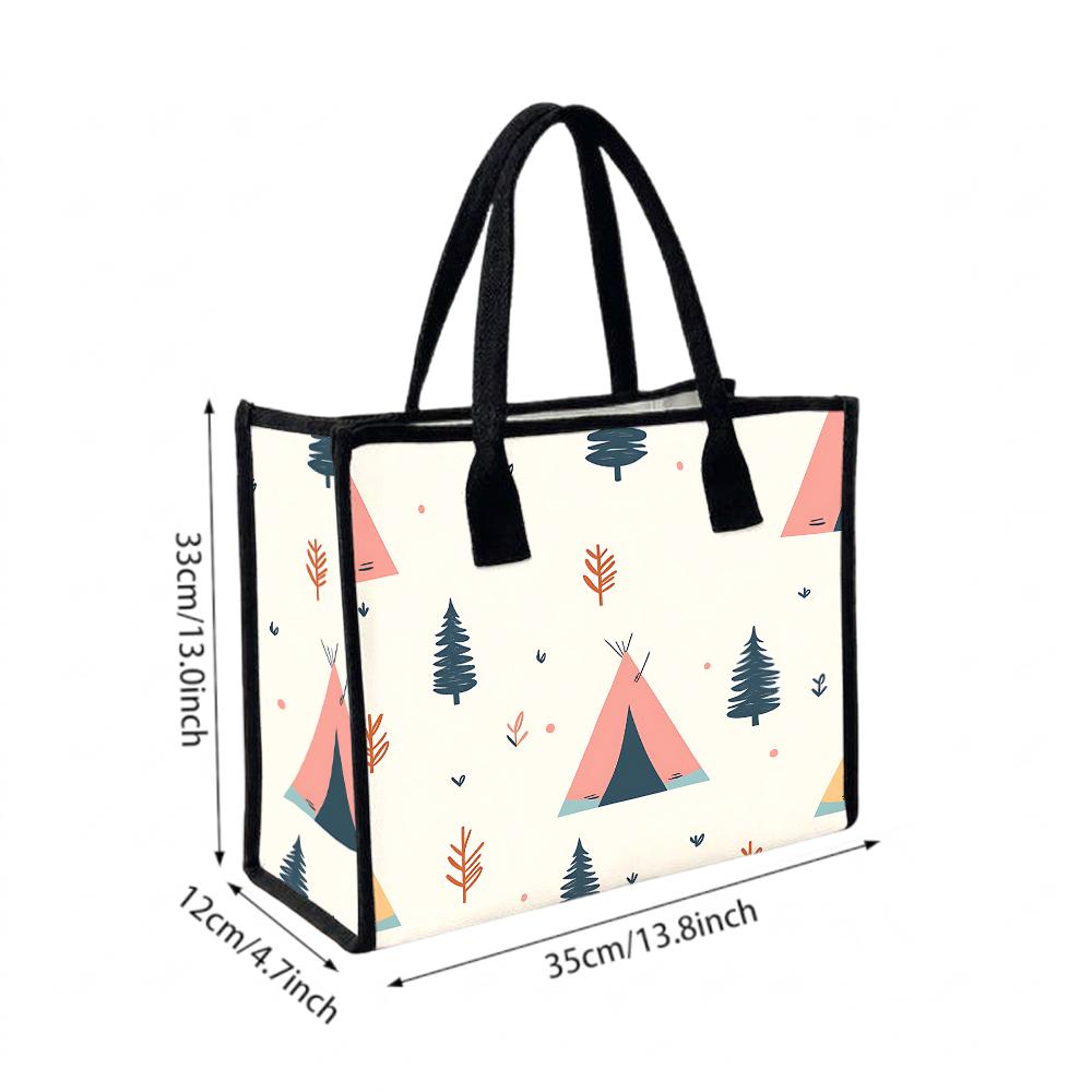 Cute Camping Pattern Tote Bag Stylish Portable Outdoor Daily Use Large Capacity Casual Canvas Handbag