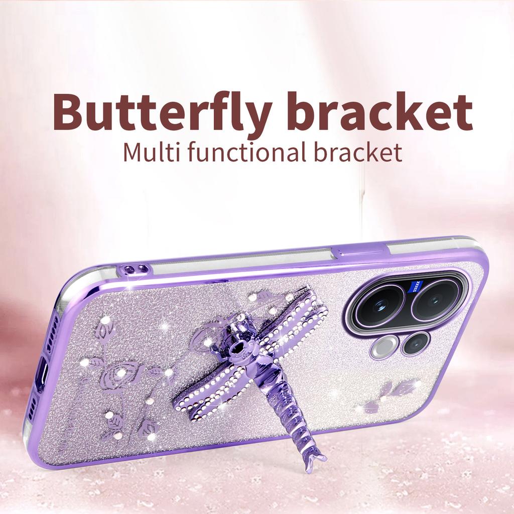 For Vivo V60 5G Case Dragonfly Kickstand TPU Flowers Glitter Phone Cover