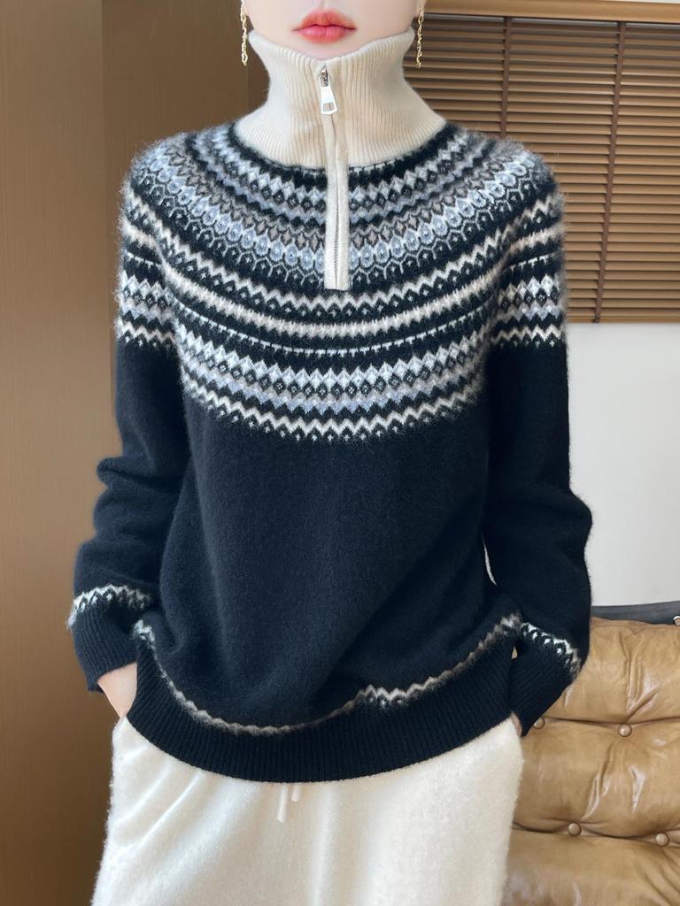 Women's Half-Zip Fair Isle Retro Wool Sweater - Autumn/Winter Knitwear