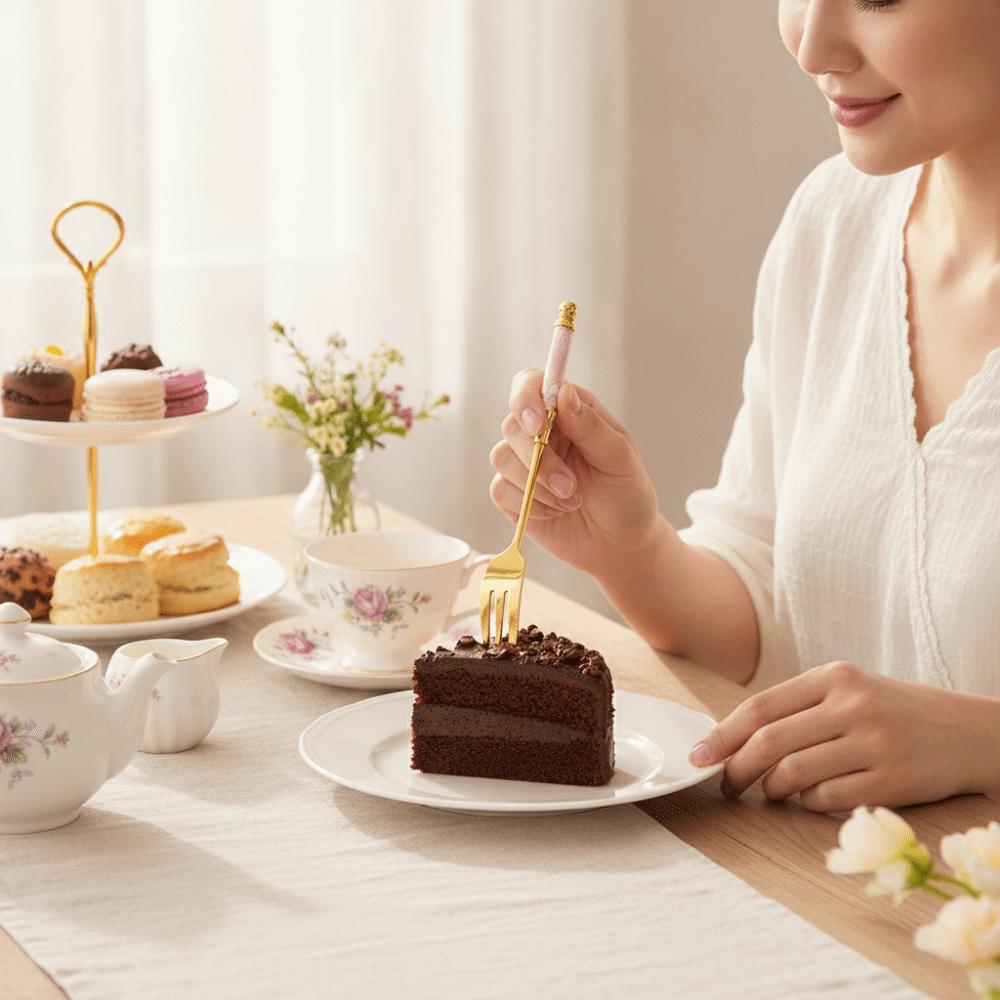 Ceramic Handle English Afternoon Tea Spoon Fork Gold-plated Stainless Steel Cake Spoon Fork Anti-scalding Rust-proof Fruit Forks