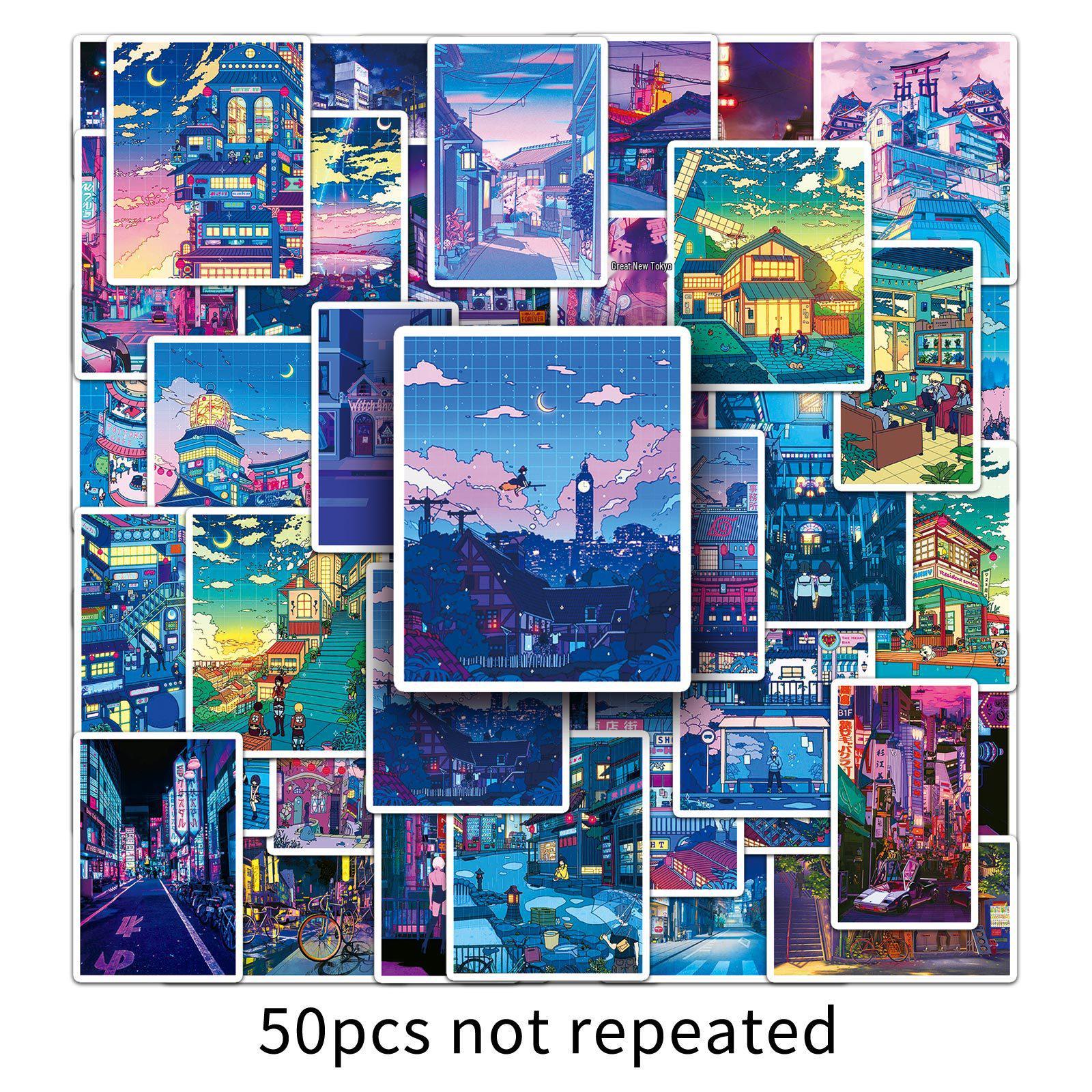 

50 Cartoon Anime Night View Waterproof Stickers for Journals, Phone Cases, and Luggage