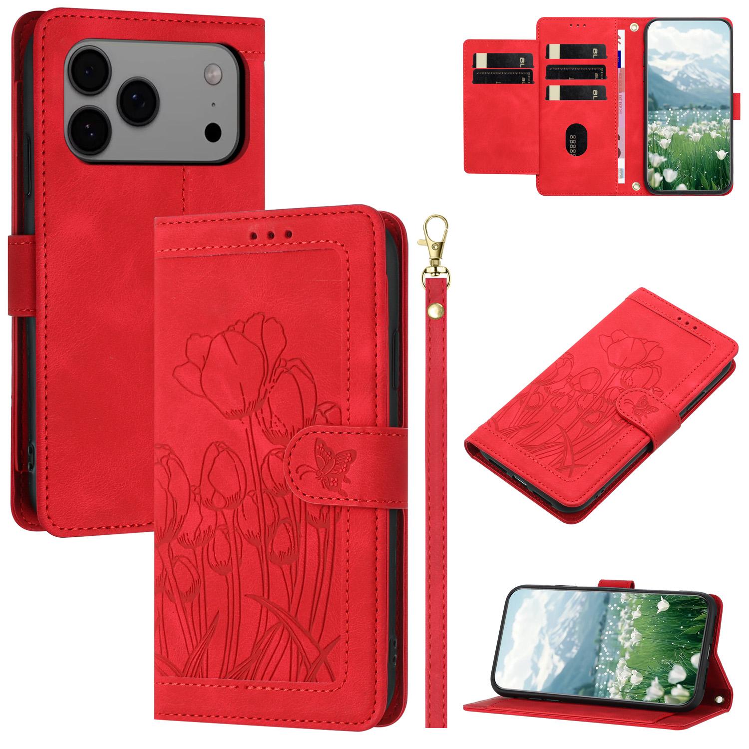 

For iPhone 17 Pro Max Case Tulip Leather Phone Cover with 5 Card Slots Wallet Red