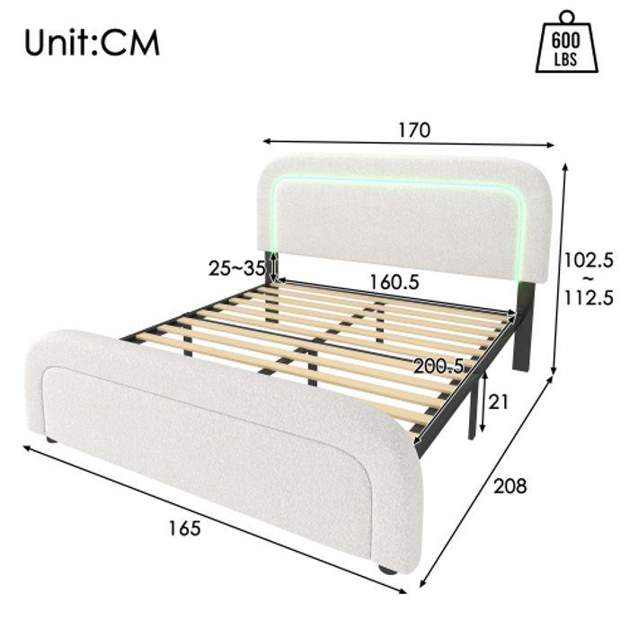 Cadre de lit - MUVOE - 160x200 cm - Chargeur USB Type C - Éclairage LED - Rembourré Sherp-white