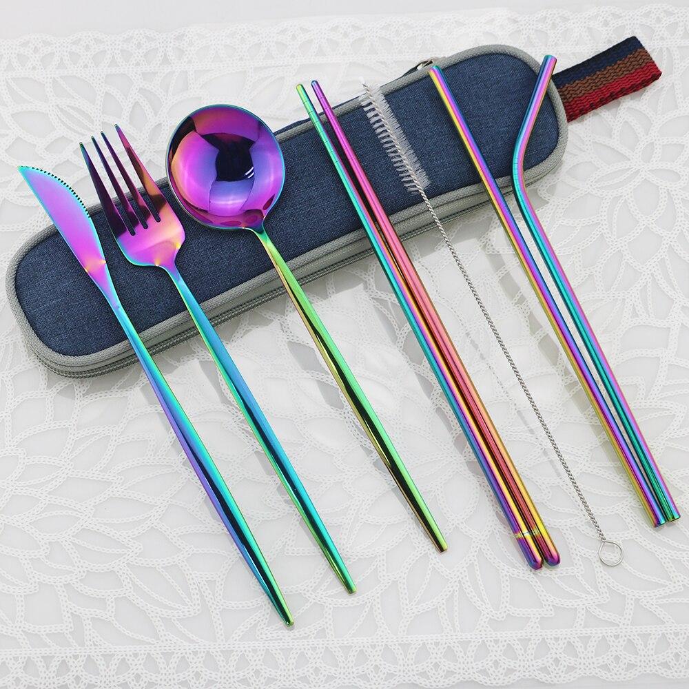 8pc Portable Shiny Gold Travel Flatware Set With Portable Blue Bag Stainless Steel Dinnerware Set Spoon Fork Knife Cutlery Set With Chopsticks Straws