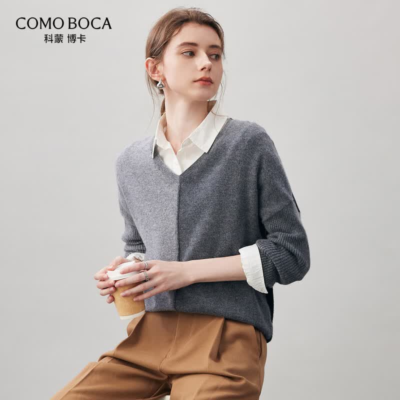 KEMENG BOKA 2025 Autumn/Winter Color-block Cashmere V-neck Sweater