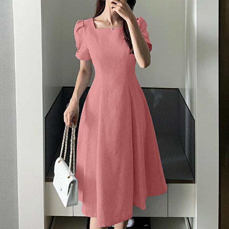 ZANZEA Women Casual Square Collar Short Sleeve Summer A-line Dress