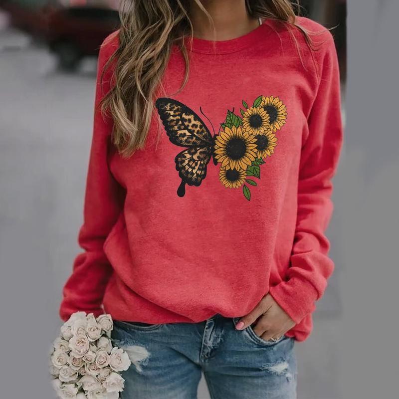 

Классический винтажный свитер с принтом в виде бабочек и подсолнухов, женский уличный свитер с длинным рукавом и круглым вырезом 8XL
