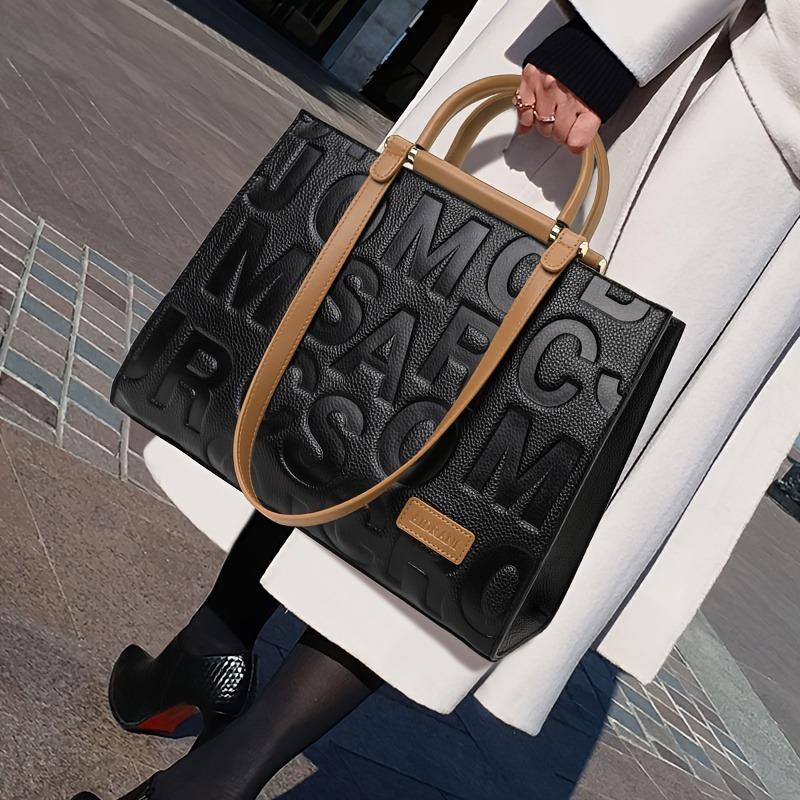Luxury Leather Tote Bag, Large Capacity Handbag, Letter Embossed Shoulder Bag, Purse For Women