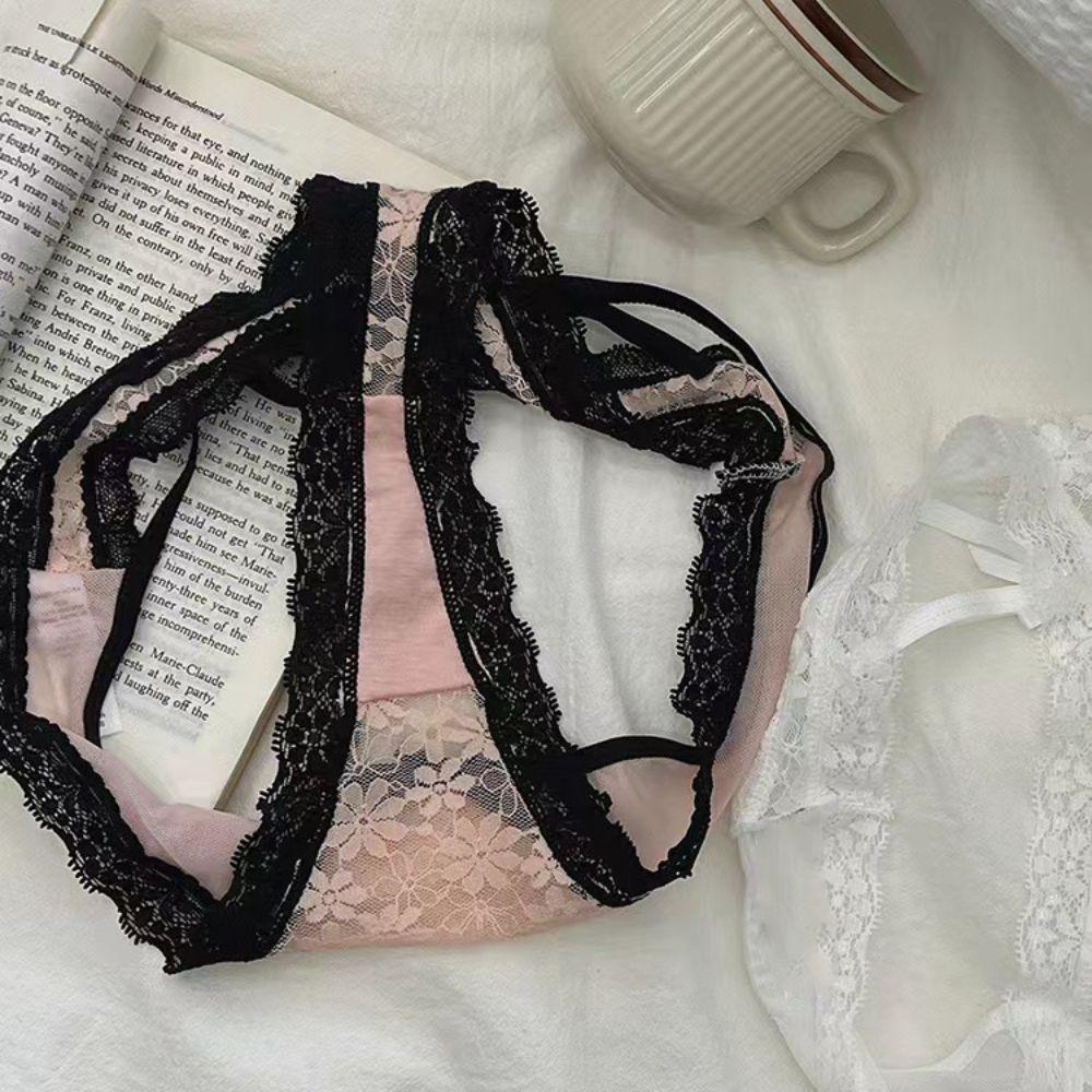 Patchwork Lace Flower Transparent Briefs Thong Mesh Floral Bowknot Panties Sweet   Lady