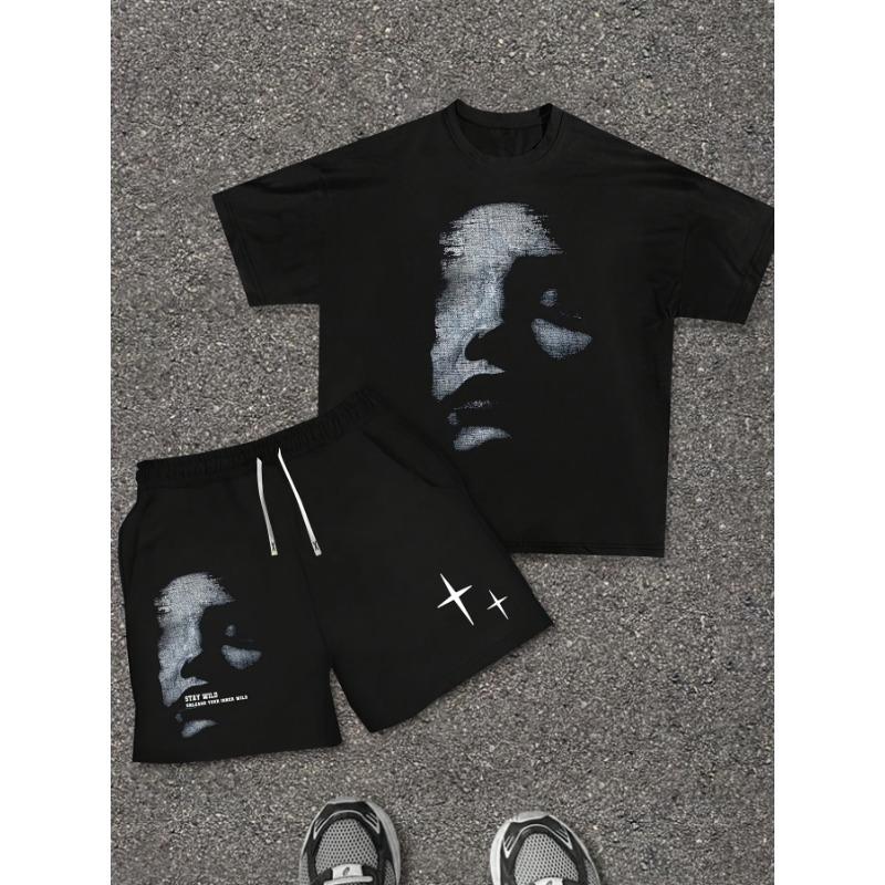 Men s round neck girl s face graphic T-shirt + drawstring waist shorts set S