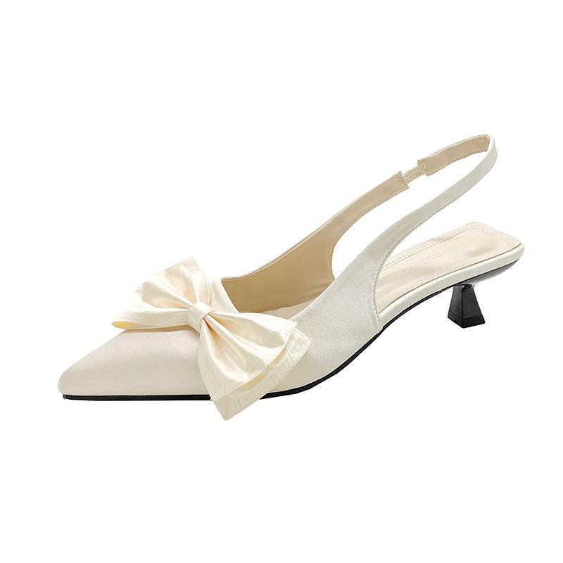 Temperament satin bow pointed back empty sandals women's 2025 spring new satin pointed head stiletto cat heel single shoes women