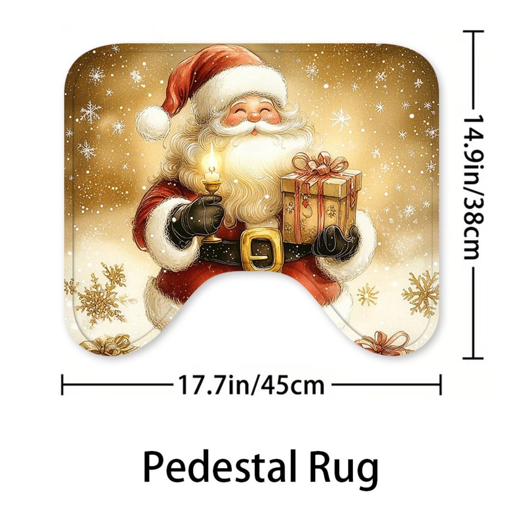 4Pcs Christmas Gift Bathroom with Santa Claus Shower Curtain Set with Non-Slip Bath Mat, Toilet Lid Cover, Contour Rug & 12 Hooks, Bathroom Decor
