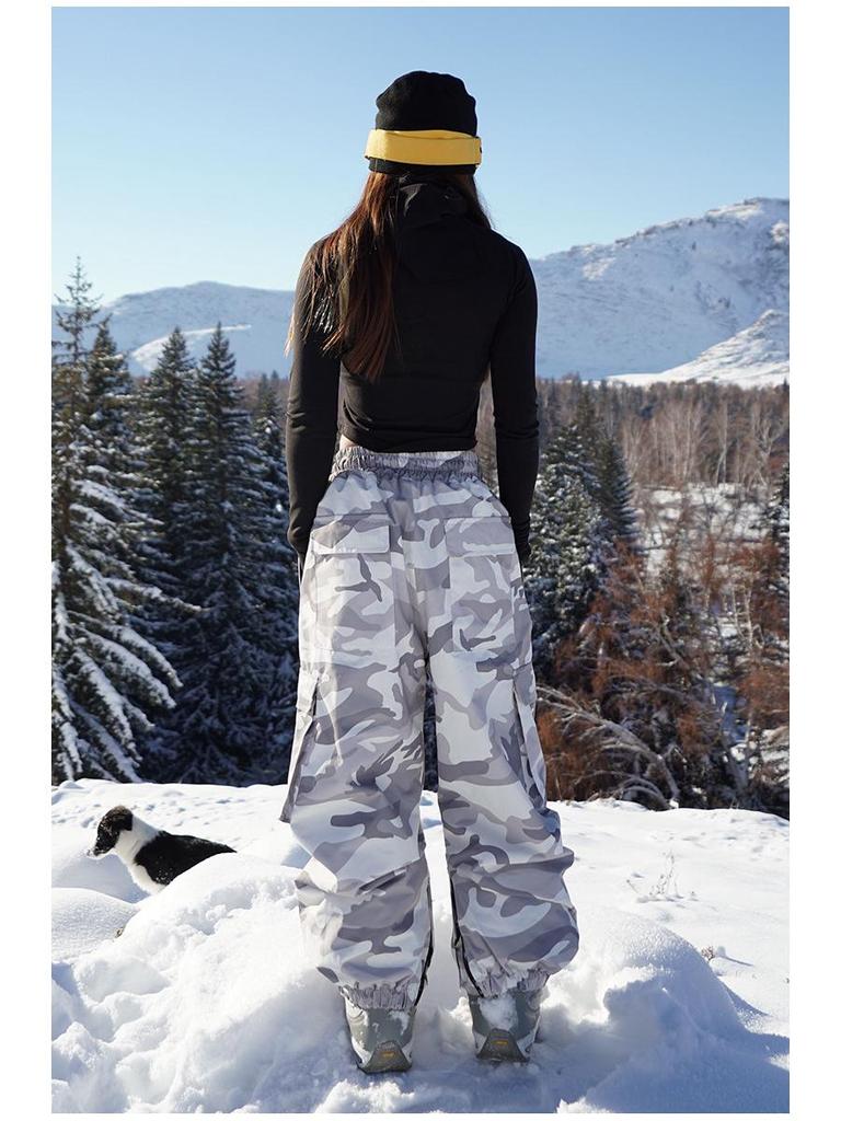 Calças de Esqui Camufladas Unissex: Equipamento de Snowboard à Prova de Vento, Impermeável, Espesso, Forrado com Fleece, Estilo Americano.