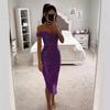 Damen schulterfrei kurzärmliges Midi-Kleid schmale Passform hohe Taille einfarbig Pailletten gerafft Bodycon Kleid