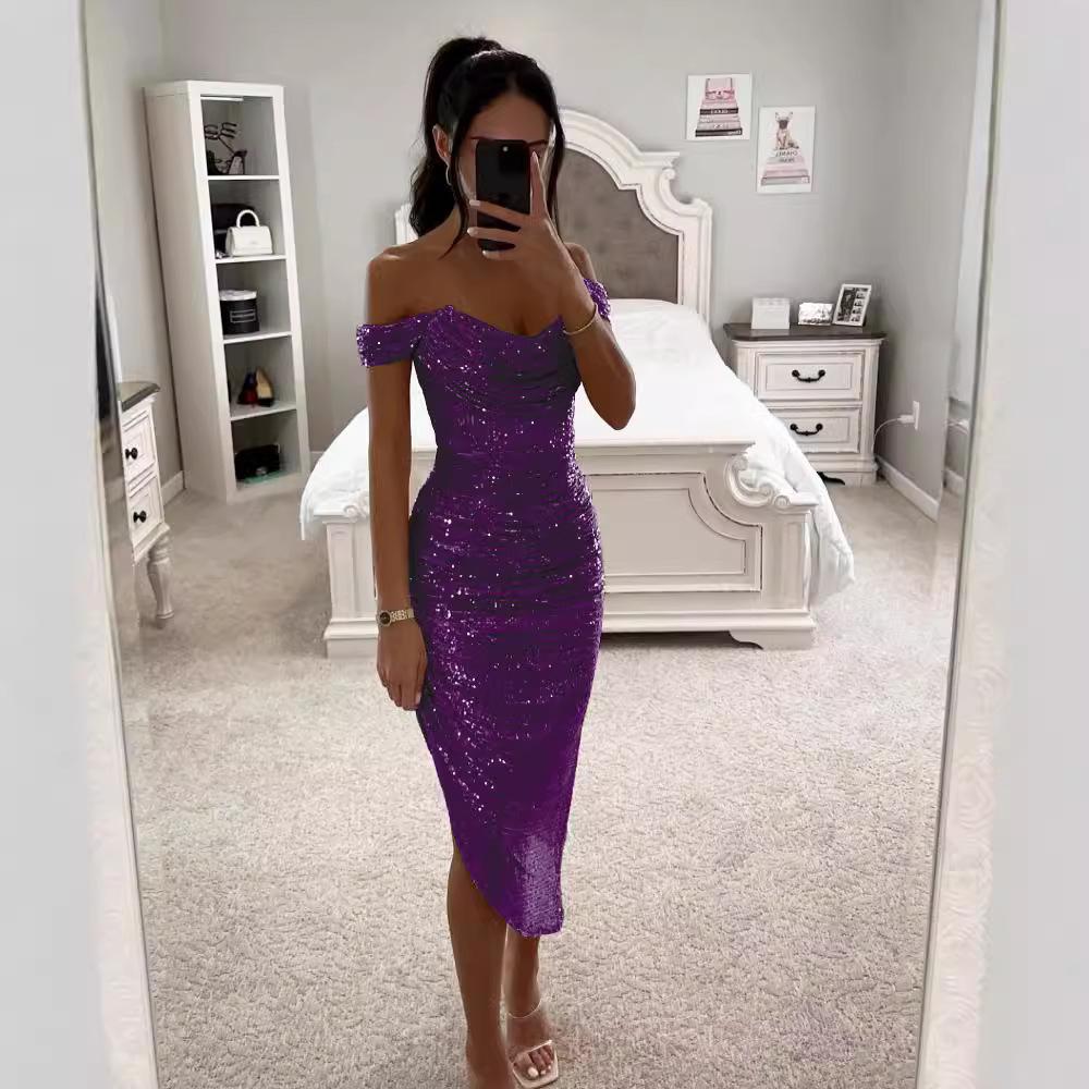 Damen schulterfrei kurzärmliges Midi-Kleid schmale Passform hohe Taille einfarbig Pailletten gerafft Bodycon Kleid