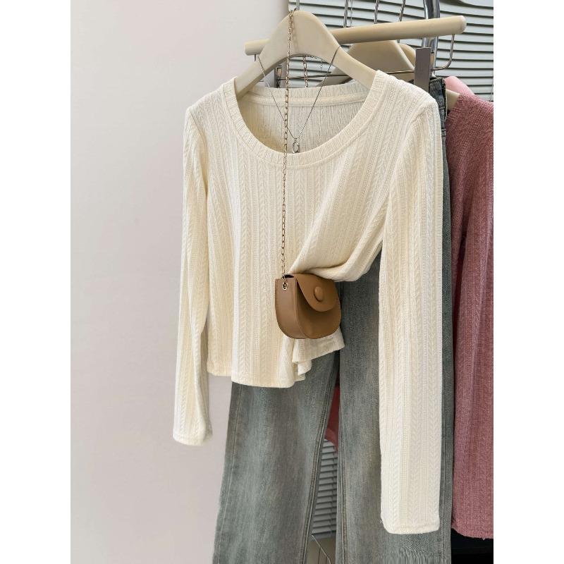 

Real shot basic round neck pit strip long-sleeved shirt women s small round neck solid color top shirt XL абрикосовый