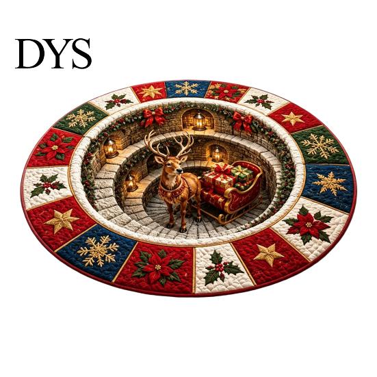 Weihnachts-Fußmatte Rund 3D-Teppich, Optische Täuschung Bereich Weihnachtsmann Wichtel Stepp-Optik Teppich Rutschfest Waschbar für Wohnzimmer Schlafzimmer Feiertag
