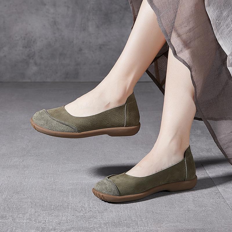 Genuine Leather Retro Women's Shoes Spring Flat Casual Single Shoes One-foot Wear Forest-themed Shallow Shoes