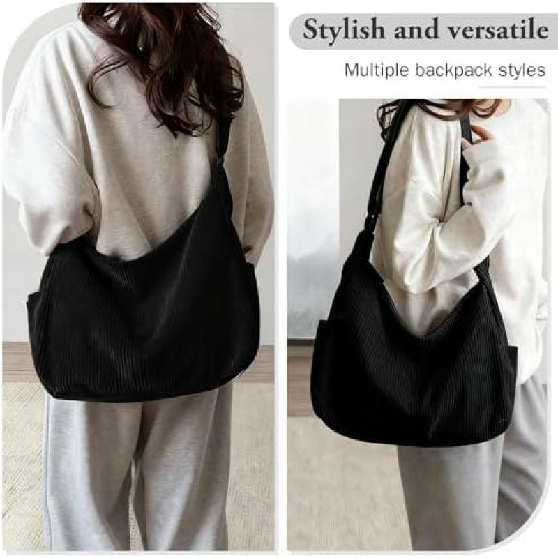 YMIFEEY Borsa a Tote in Velluto a Coste da Donna Grande Shopper con Cerniera, Borsa a Mano da Spalla per Uso Quotidiano Scuola Lavoro Shopping Viaggio