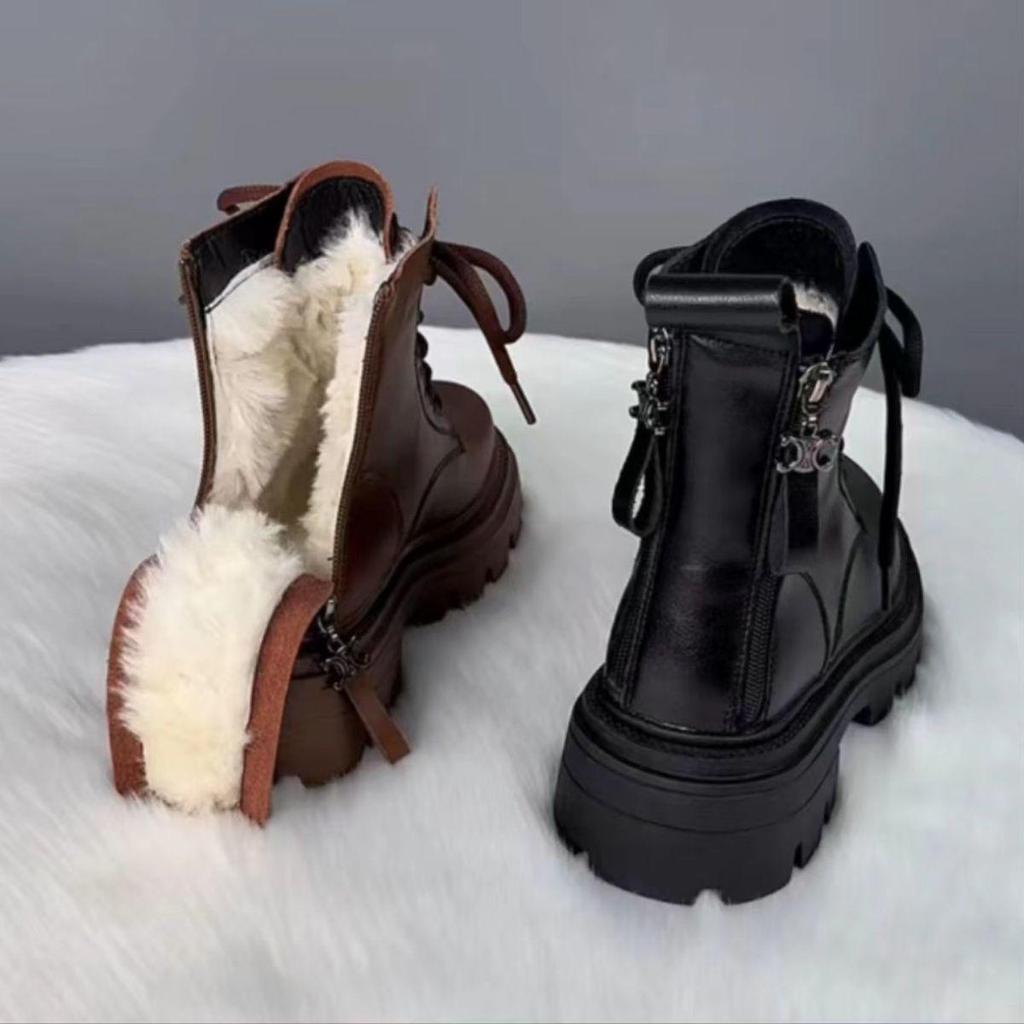 Women's Genuine Leather Martin Boots - Winter Velvet, Thick Warm, White Fur, Non-Slip, Wear-Resistant Snow Boots