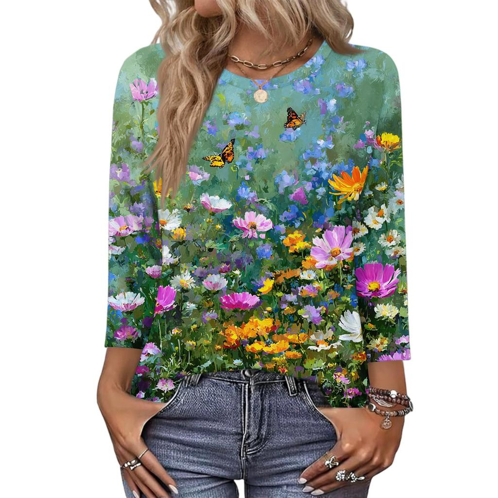 343/4 Sleeve Shirts For Women Cute Print Graphic Tees Blouses Casual Plus Size Basic Tops Pullover