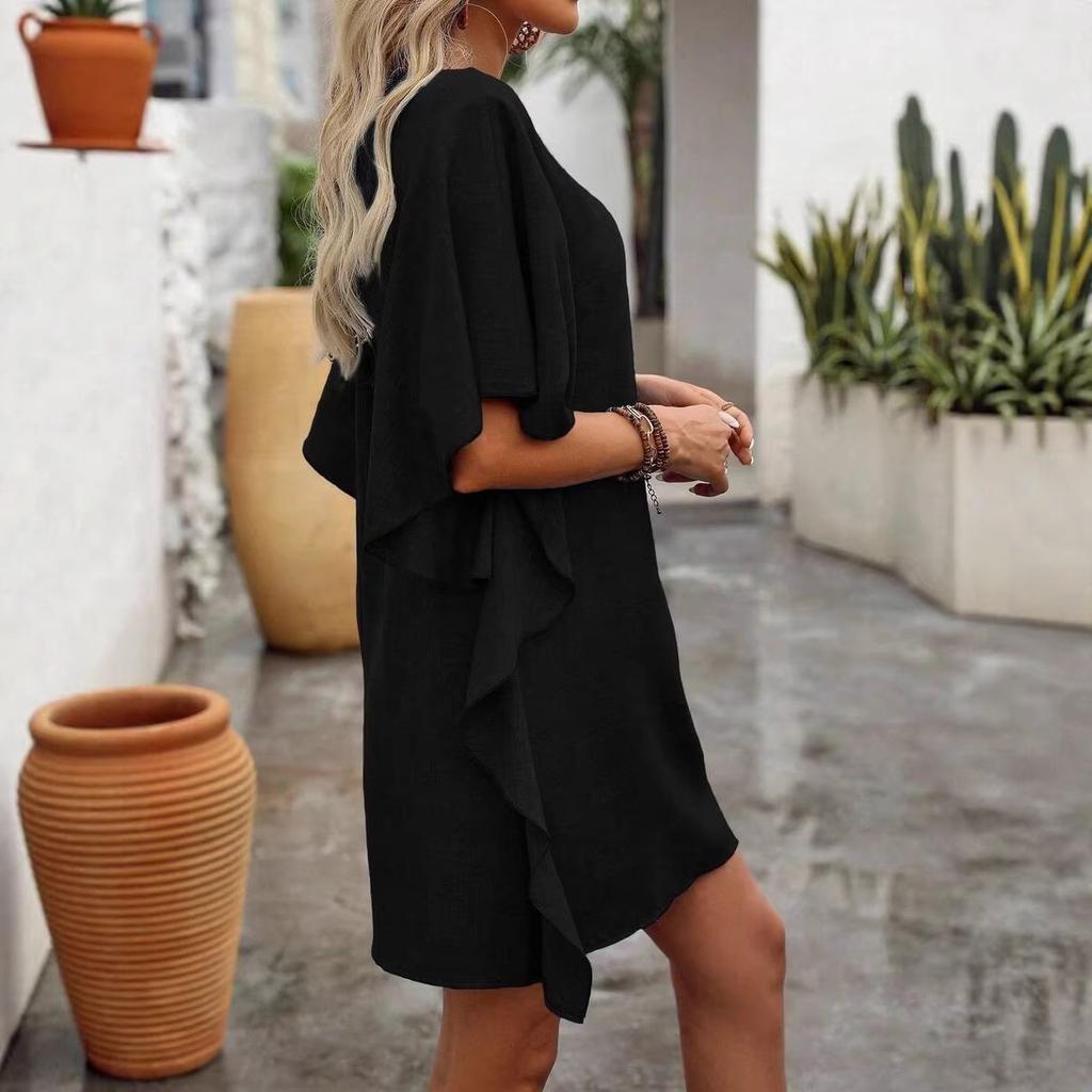 Letní dámské jednobarevné volné volánkové šaty s výstřihem do V a módním límcem