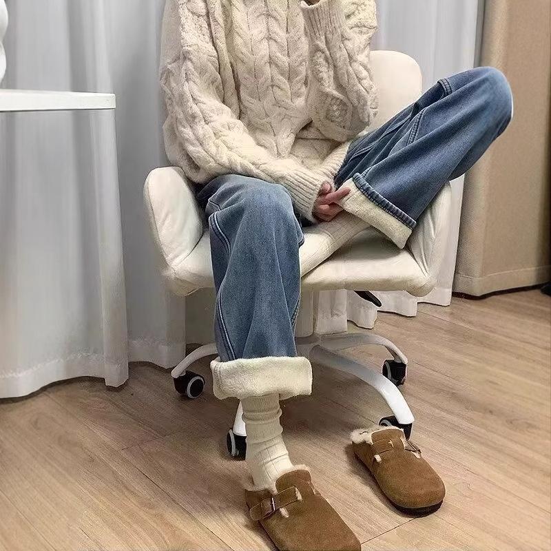 Women's High-Waisted Retro Blue Fleece-Lined Wide-Leg Jeans, Plus-Size, Autumn/Winter.