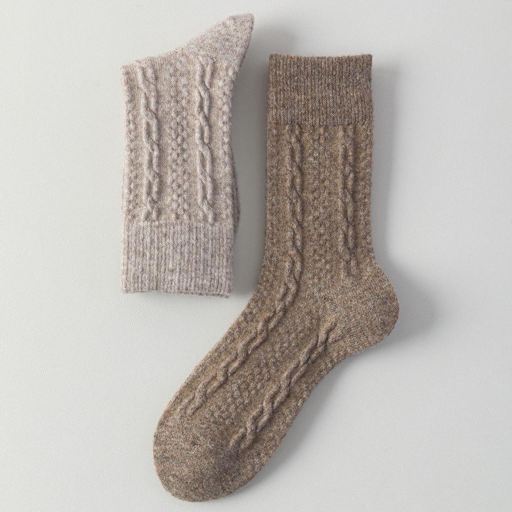 Women's Milk White Wool Socks: Autumn/Winter Cable Knit, Thickened for Warmth, Grey Tones, Mid-Calf Slouch Socks