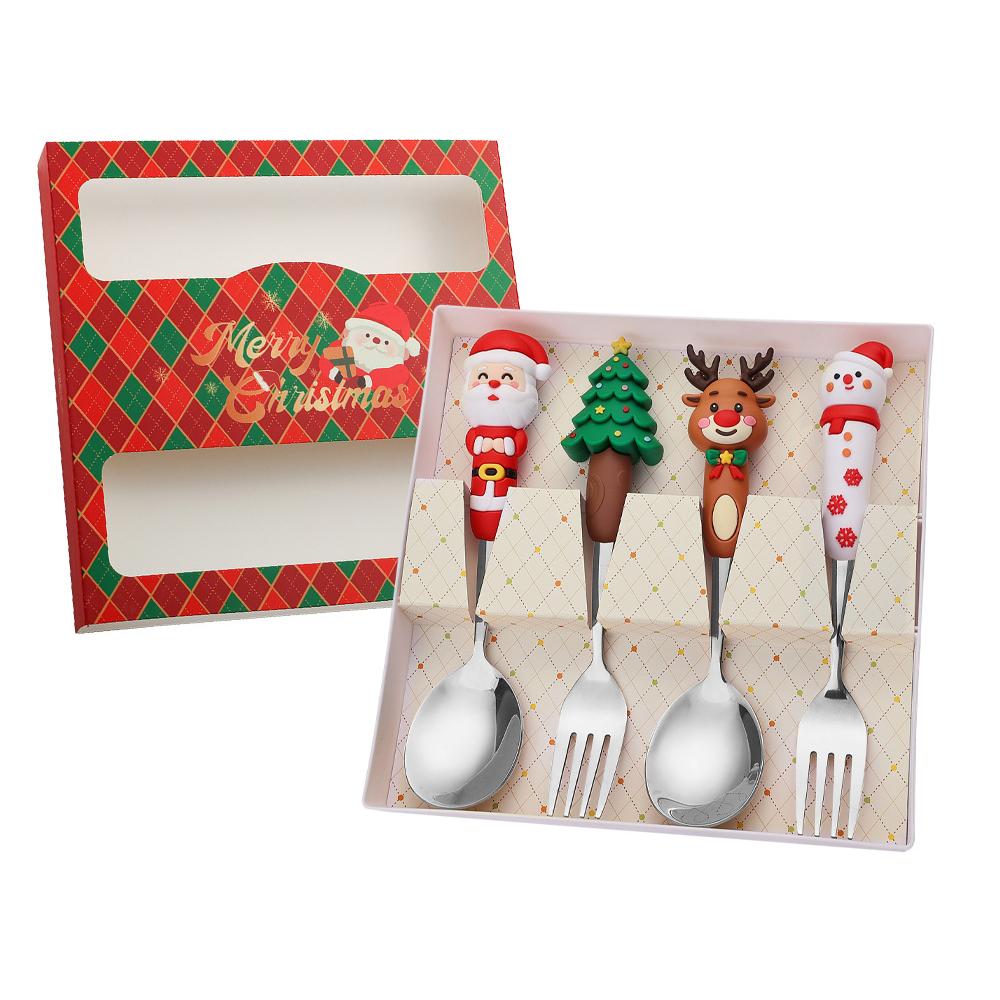 2/4Pcs Christmas Dinnerware Stainless Steel With Luxury Gift Box Tableware Dessert Fork Coffee Spoon Santa Cutlery For Christmas