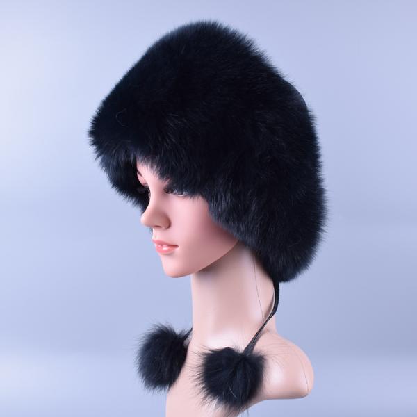 Real Fox Fur Bomber Hat for Women with Leather Thick Warm Sheepskin 56-60cm Lady Winter Caps