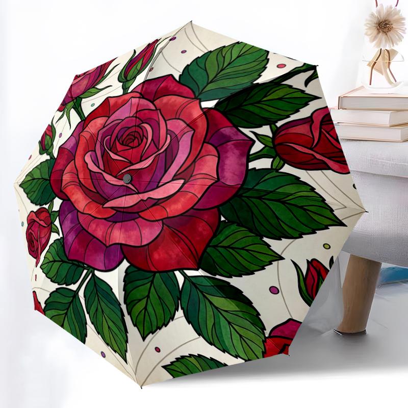 1pc Sturdy 8-Bone Auto Umbrella, Mixed Rose Bouquet Umbrella, Digital Printed, Foldable Umbrella for On-the-Go Outdoor Use