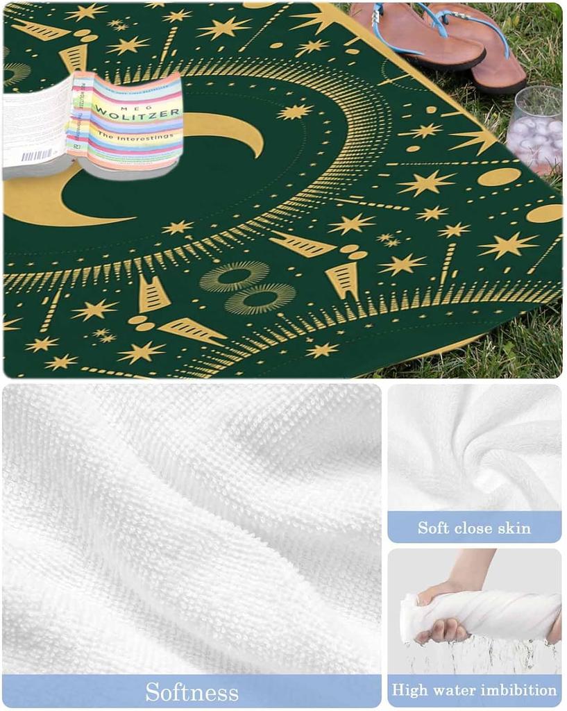 Beach Towel Stars Moon Bath Pool Towels Green Geometric Gorgeous Starry Night Soft Absorbent Beach Towel Lightweight Large Quick