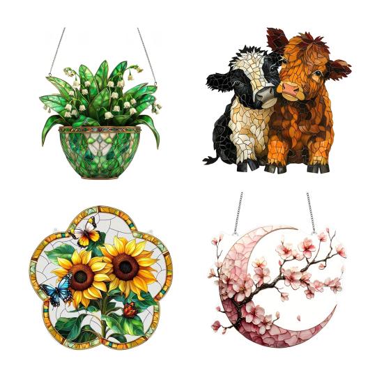 2D Acrylic Highland Cattle Hanging Ornament, Stained Glass Effect Farmhouse Wall Decor with Metal Chain, UV Printed Sun Catcher for Window Light