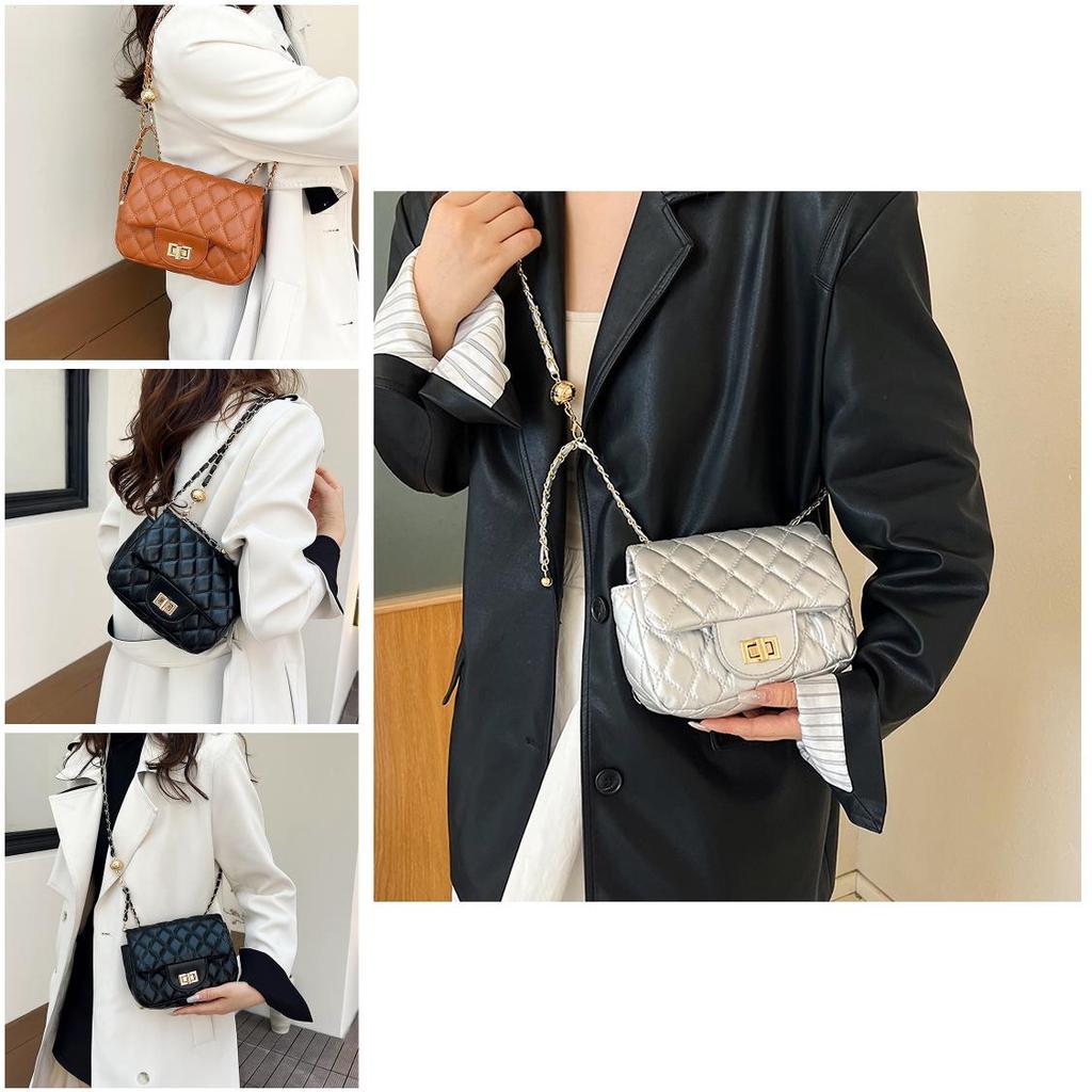 Simple And Stylish Women's Messenger Bag With Grid Pattern And Chain Strap