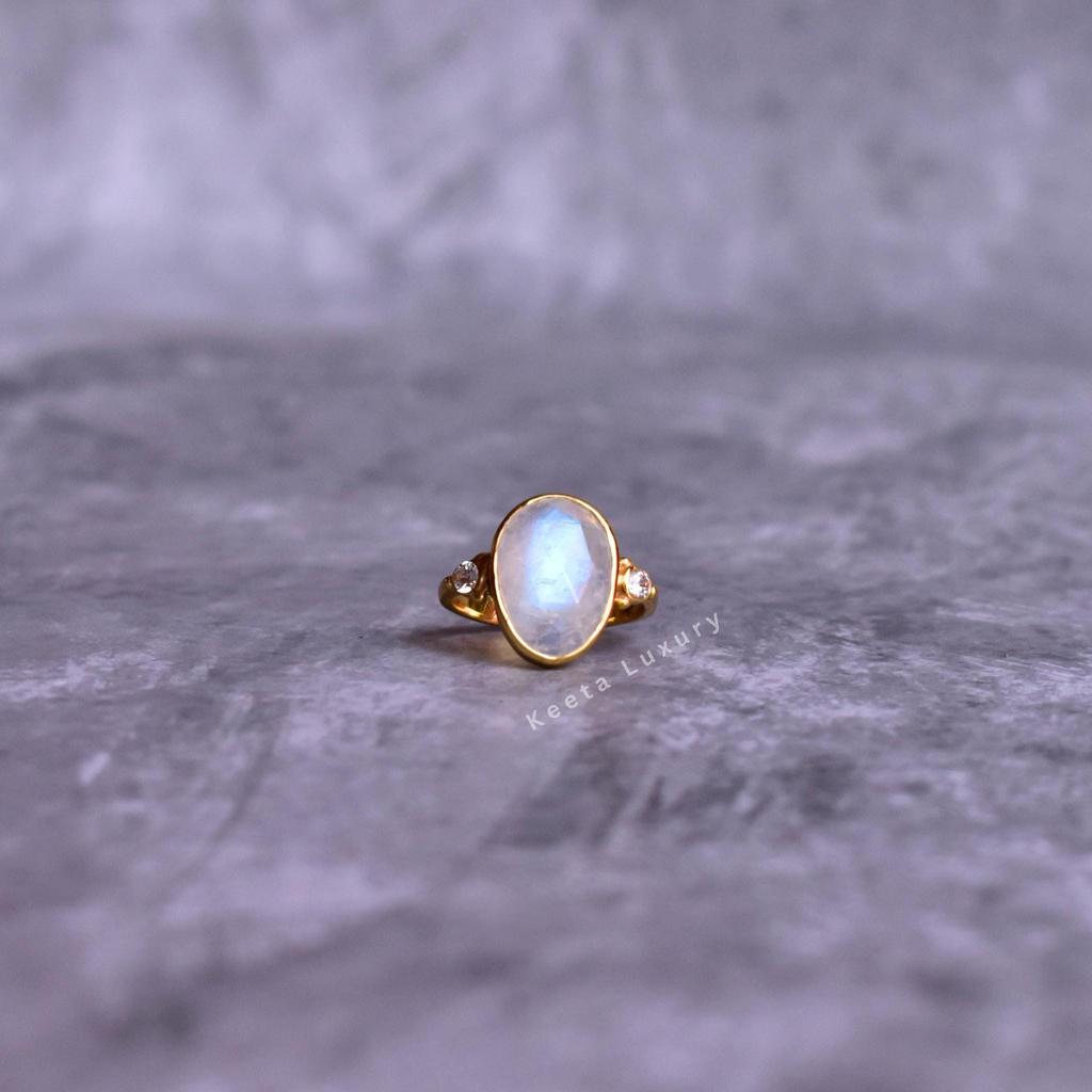 Natural Moonstone Rose Cut Ovalish Ring 14k Gold Ring for Women Faceted Moonstone Handmade Fashion Ring Healing Crystals Unique Jewelry