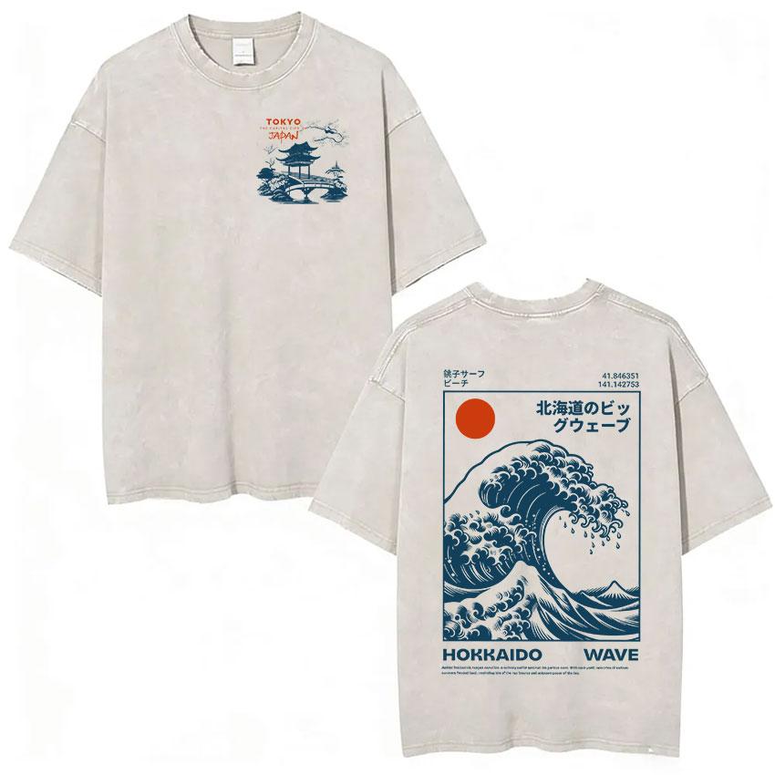 Vintage Japan Osaka Dotonbori Krabben Stadtbild Grafik T-Shirts Herren Gewaschen Mode Übergroßes Baumwoll-T-Shirt Unisex Streetwear