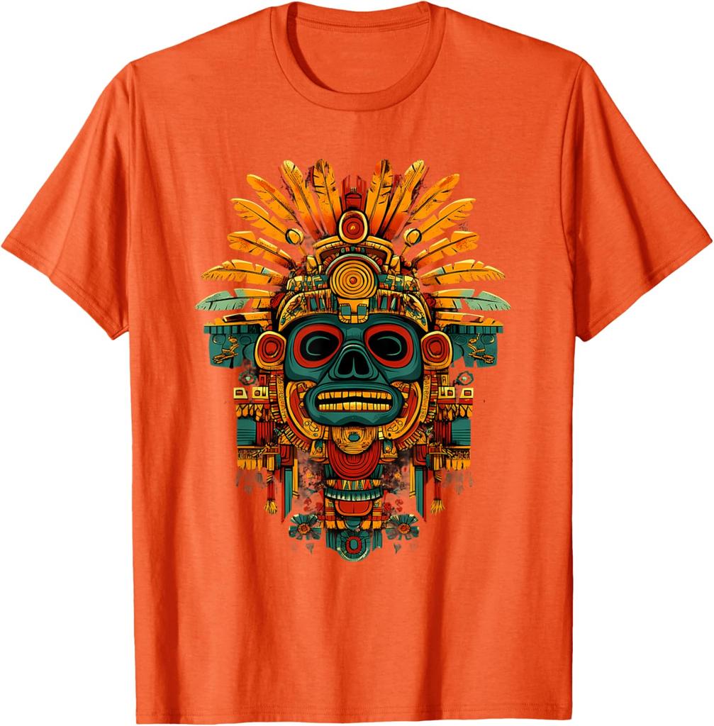Aztekischer Maya Gott Schädel Kopfschmuck Grafik T-Shirt Herren Atmungsaktiv Kurzarm T-Shirt Lässiger Ausflug