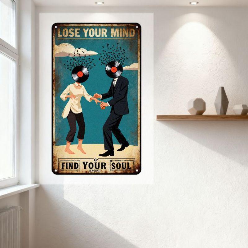 Vintage Teal Beige Border Metal Tin Sign Lose Your Mind Find Your Soul Dancing Figures Vinyl Record Heads Birds Home Wall Decor