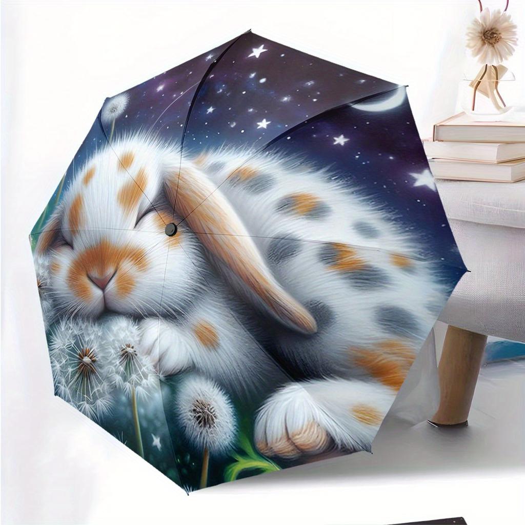 Starry Night Sleeping Rabbit Design Automatic Open/Close Umbrella - 8-Rib Compact Travel Umbrella with Dandelion & Starry Sky