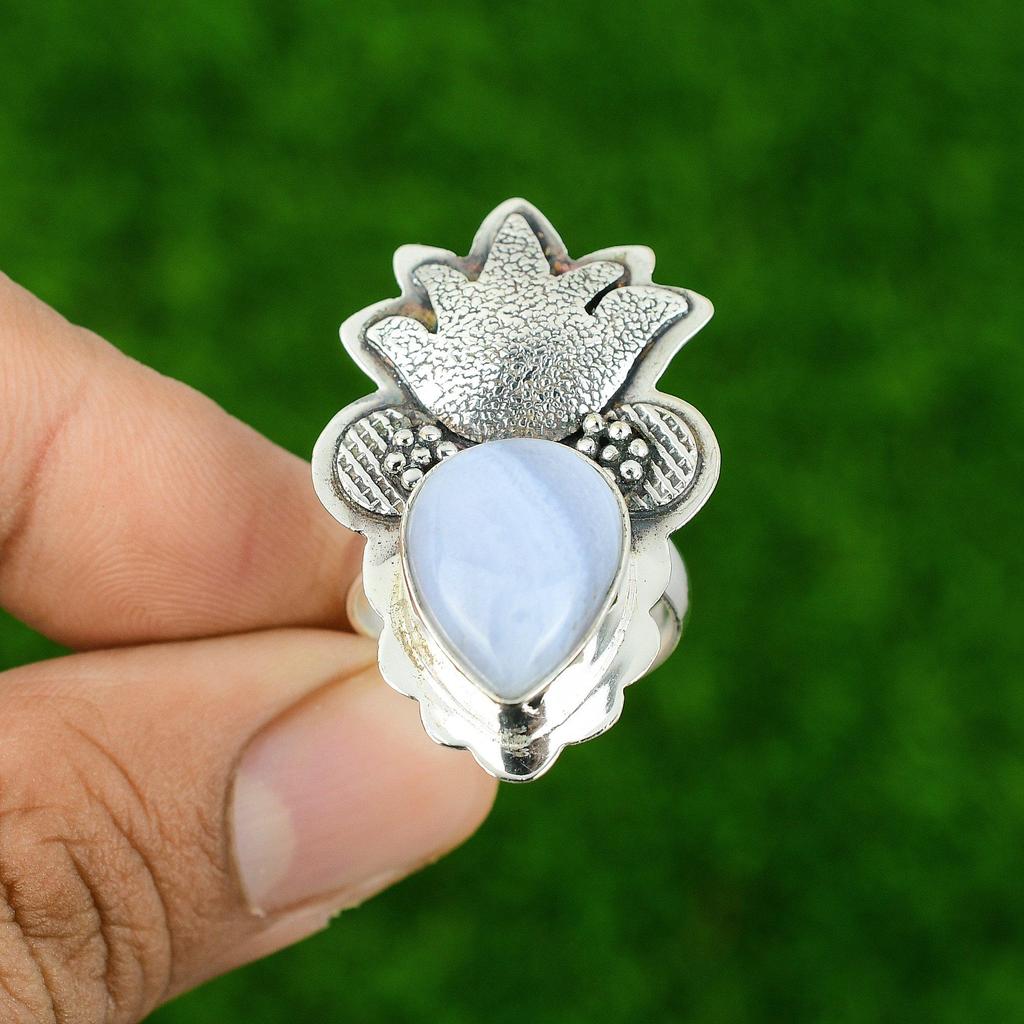 925 Sterling Silver Pear Blue Lace Agate Gemstone Elegant Bezel New Ring Jewelry