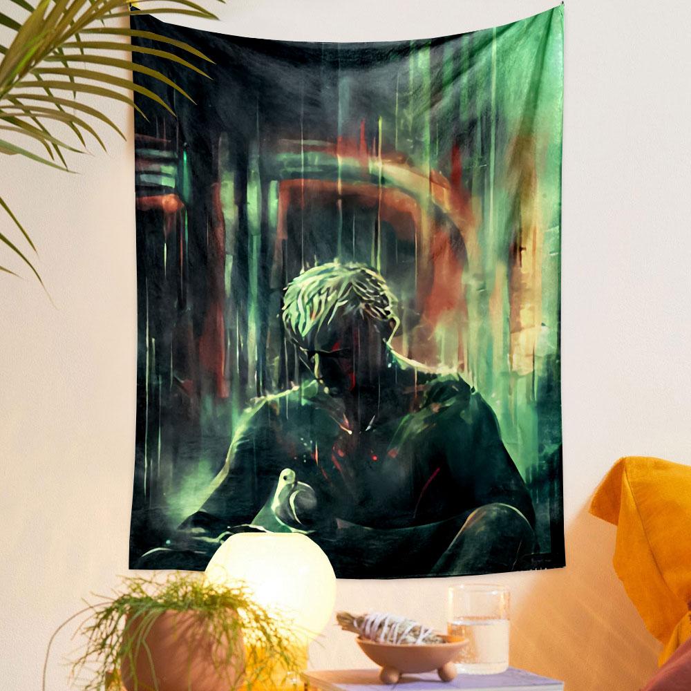 Blade Runner Style Man Tapestry Wall Hanging, White Hair Rain City Digital Art, Futuristic Wall Decor for Bedroom Living Room Dorm