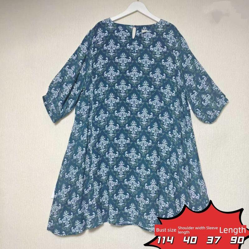 Trade Orders Exported to Japan Tail Goods Rayon Printing V-neck Pullover Dress Loose Casual Plus size Customer Supply Fabric Middle-aged Women Dress