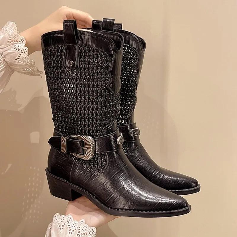 Women's Retro Cowboy Mid Calf Boots Cowboy Square Heels Pointed Toe Platform Women Chunky Heels Western Pointed Toe Metal Botas