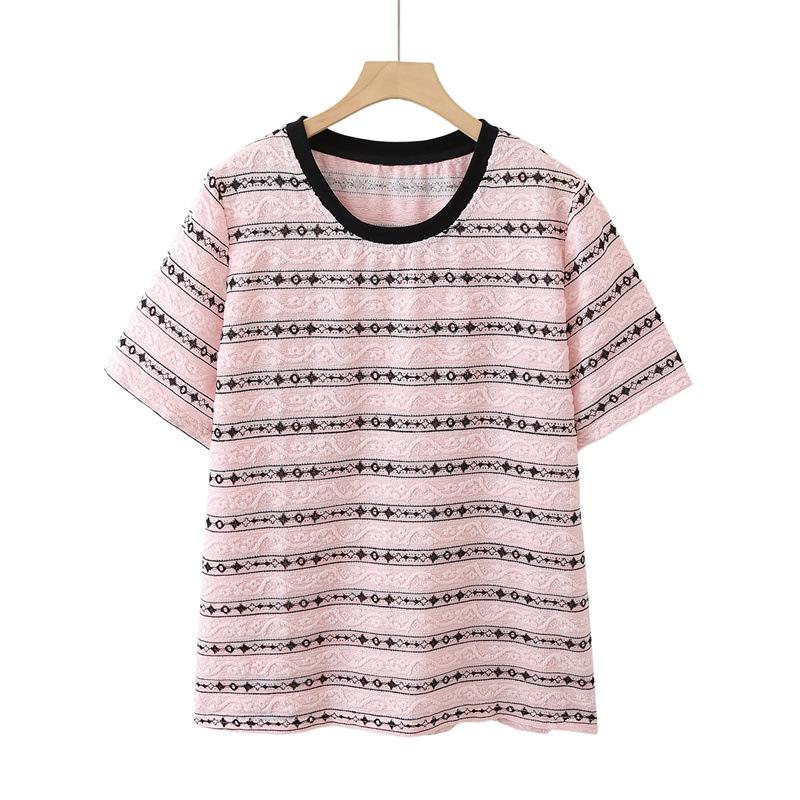 2025 Summer Women's Plus Size Jacquard Stripe Lace T-Shirt - Short Sleeve Fashion Slimming Top